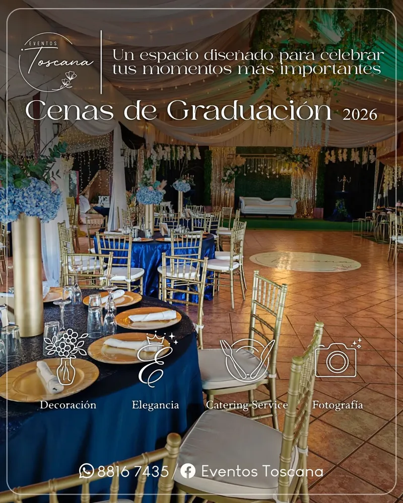 Montaje de cena de graduación en tonos azul y dorado